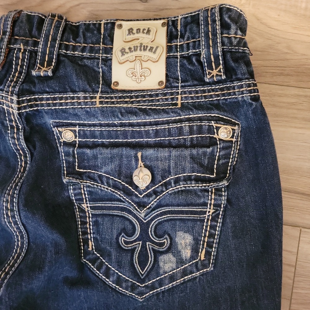 Rock Revival Alec Jeans 38X34 Straight Distressed Wiskering Fading Flap Pockets